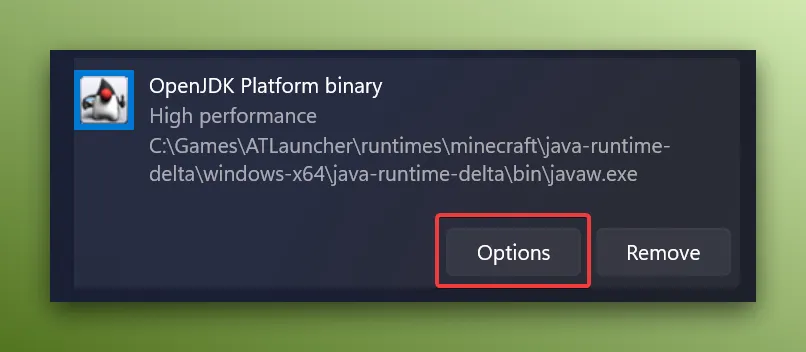 Click the options button on the javaw.exe file you just added